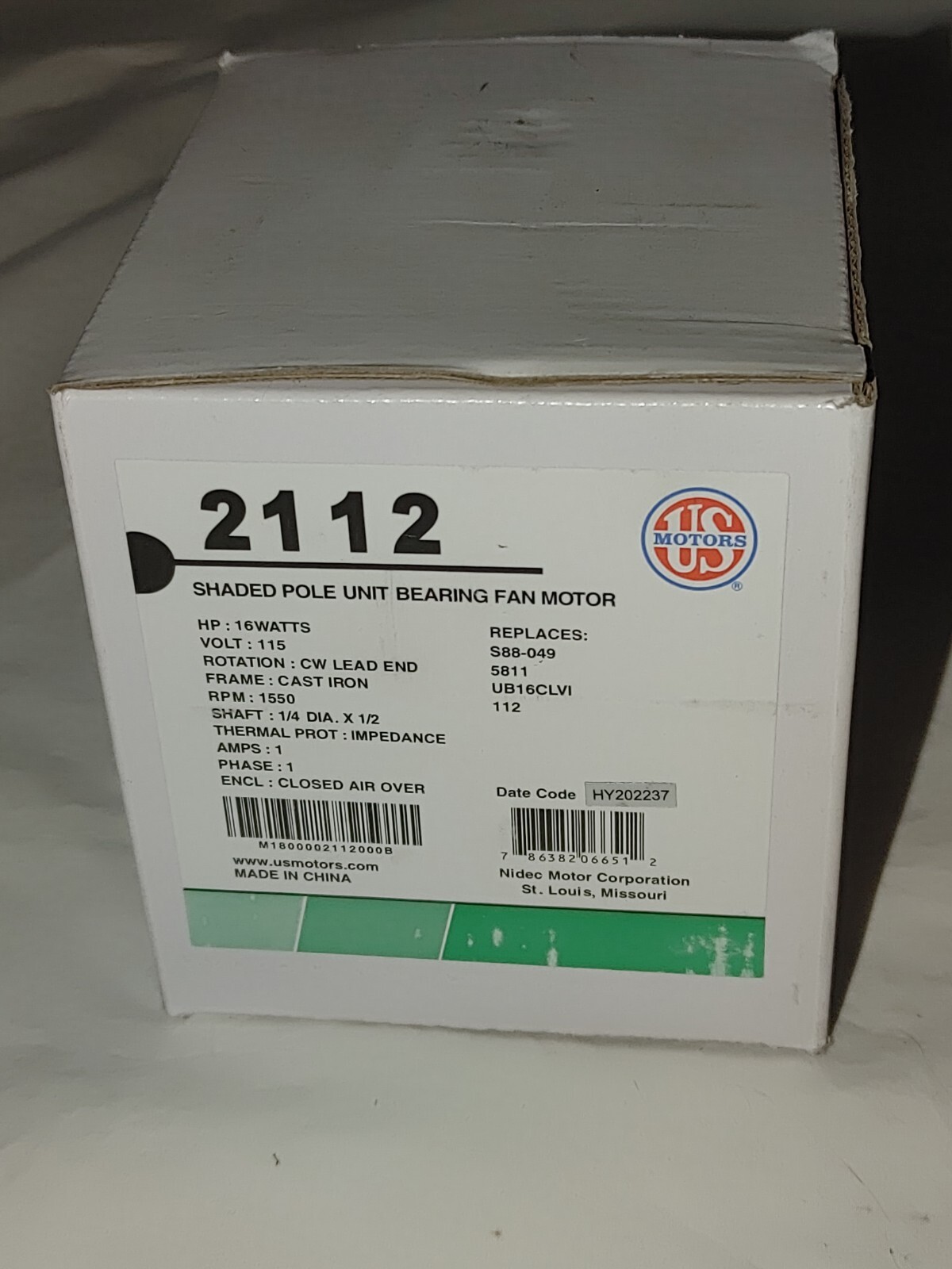 US Motors 16w 115v 1 phase 1550 rpm 4 pole 1 shaft Shaded Bearing Fan Motor