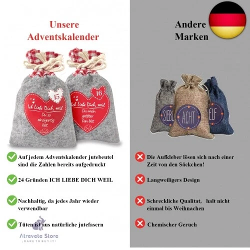 Adventskalender zum Selbst Befüllen, Filzsäckchen mit 24 Gründen Ich Liebe Di - Bild 4 von 7