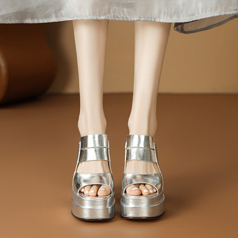 PANTOFOLA D’ORO Pantofole da donna estive in pelle punta tonda plateau tacco a blocco US 5 8