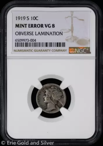 1919-S 10C Mercury Dime NGC VG 8 | Mint Error Obverse Lamination