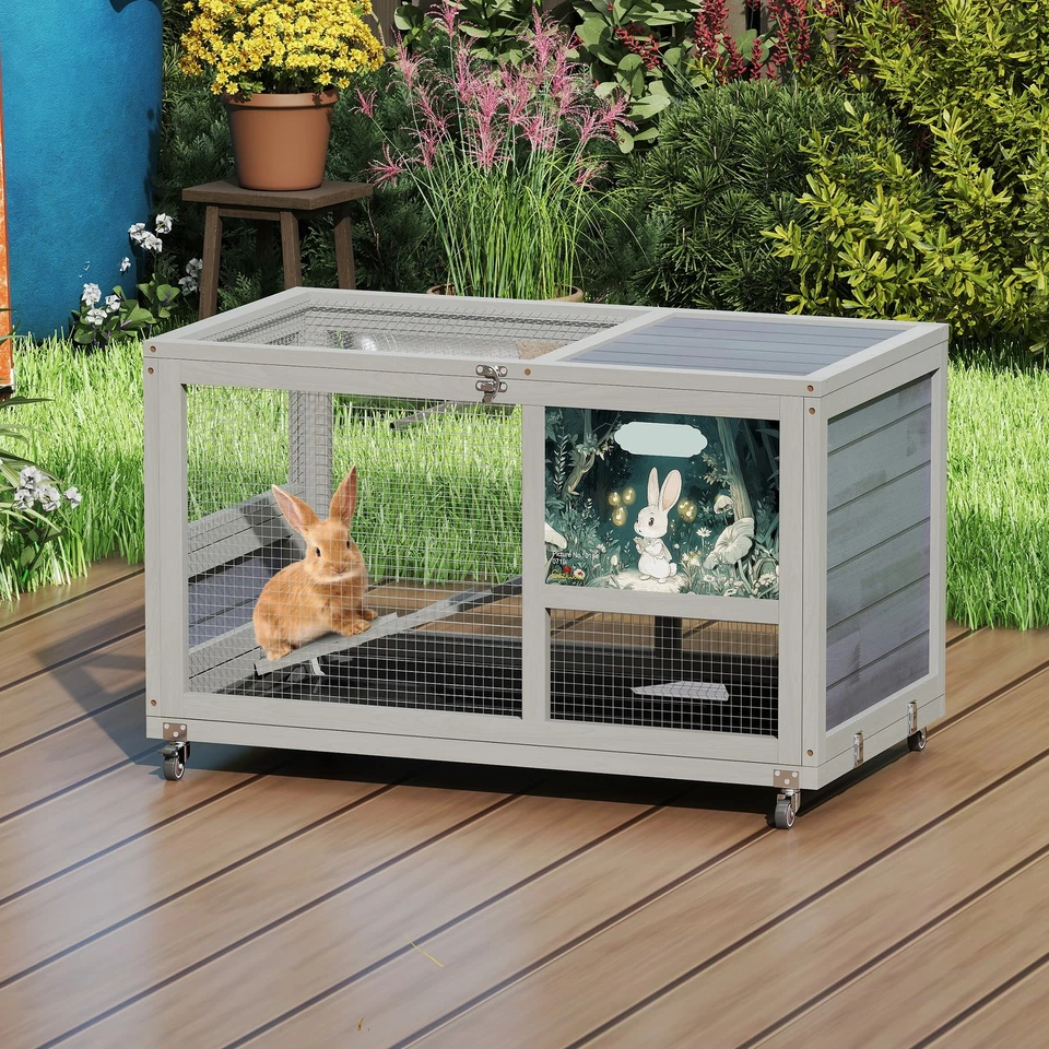 2 Tier Wooden Rabbit Hutch Bunny Cage Chicken Coop Pet House w/Run In/Outdoor - Image 3 of 4