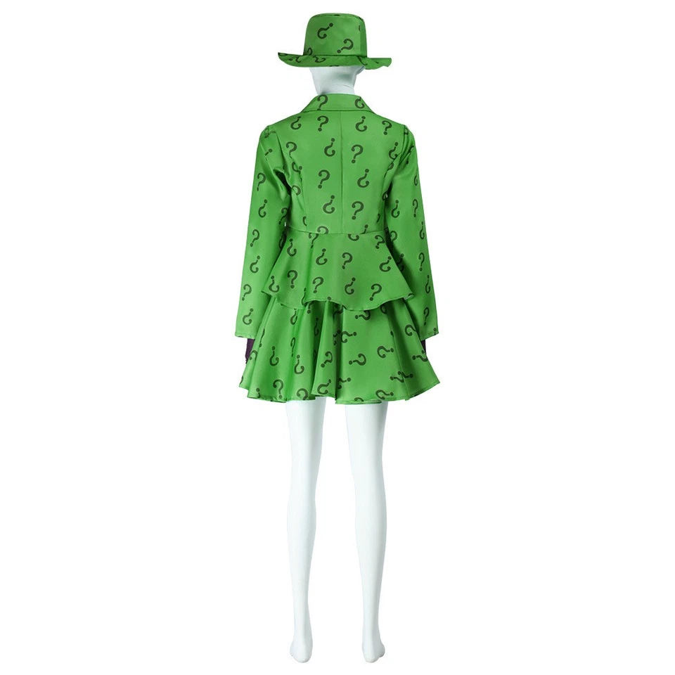 Woman Riddler Cosplay Costume Gotham Green Coat Skirt Hat Riddler Halloween  - Image 4 of 4
