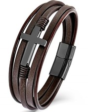 YL Cross Masonic Leather Mens Bracelet, 18K Gold/Black Rhodium Plated Christi...