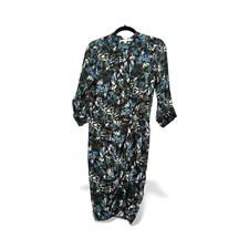 VERONICA BEARD Navy Floral Print Ruched Pleated Silk Cocktail Shirt-Dress Sz 6