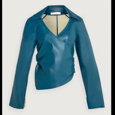 OAK + FORT Blue Vegan Leather Wrap Top Going out top Bikercore sz Medium