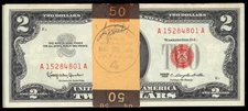 1963 FR. 1513 $2 RED SEAL LEGAL TENDER ORIGINAL BANK STRAP OF 25 CRISP CU