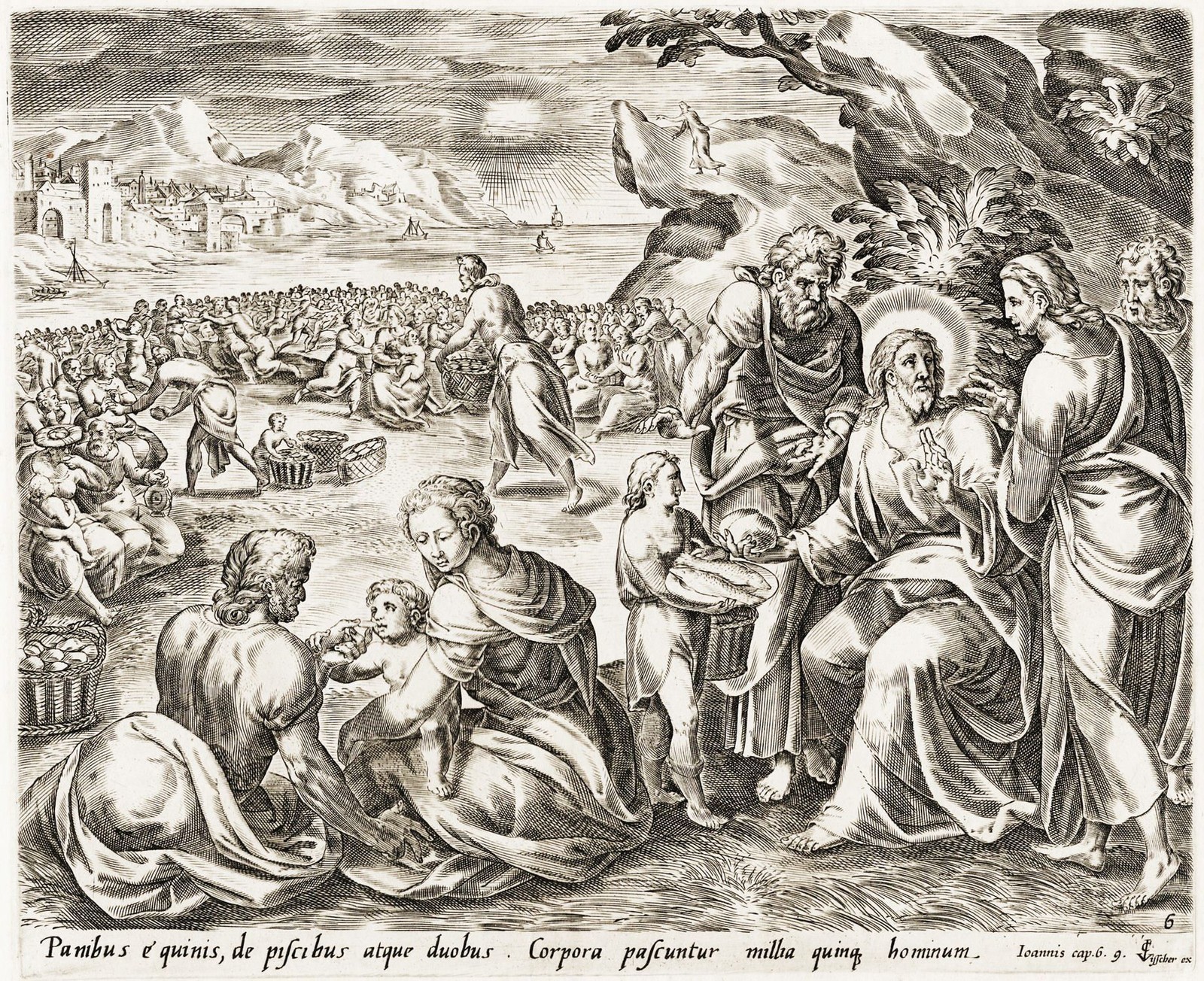 J.Wierix G.Groenning Wundersame Brotvermehrung Bibel Kupferstich engraving 1600