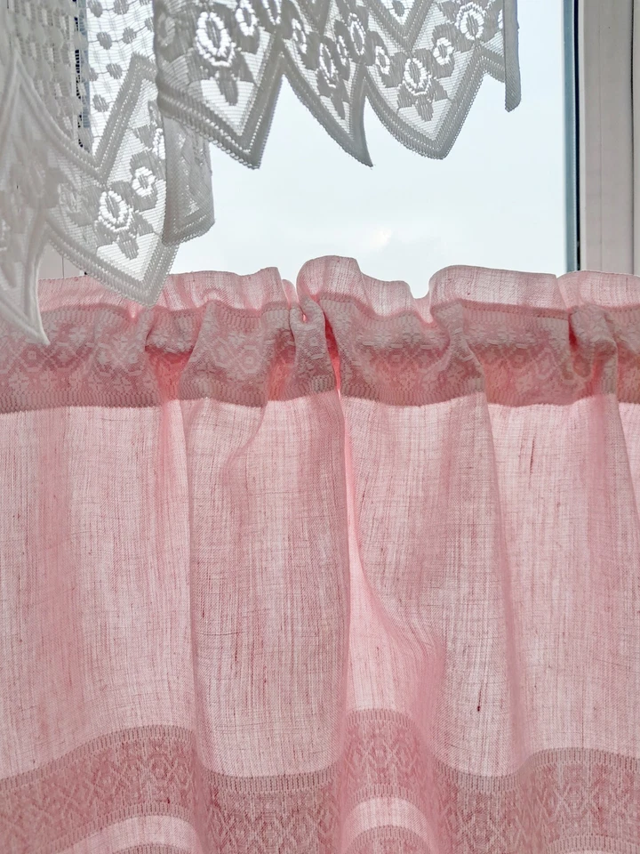 Cortina de lino rosa blanco a rayas decoración hecha a mano cenefa barra bolsillo Foto 4 de 4