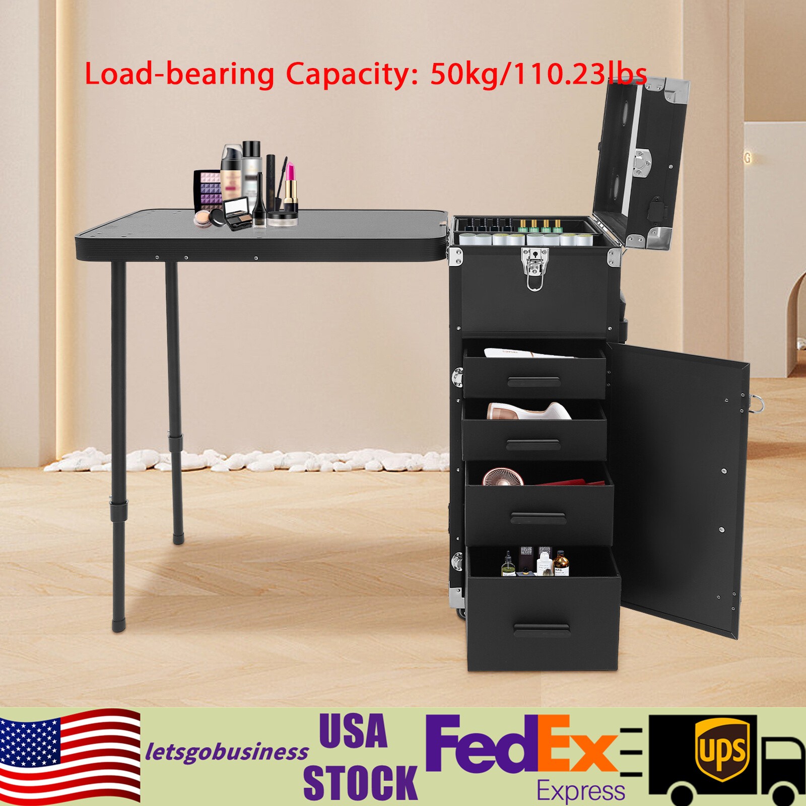 Makeup Train Case With 4 Universal Wheels,Portablel Makeup Suitcase With Drawers