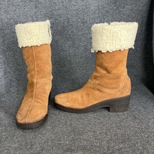VTG 70s Yodelers Boots Women 7 Brown Suede Sherpa Lined Wedge Heel Boho MADE USA