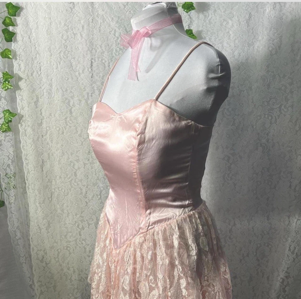 VTG 80s 90s Coquette Fairy Pink Mini Party Dress Lace Small Ballerina Princess - Image 2 of 4