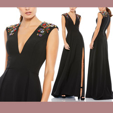NEW Mac Duggal [ 8 ] Floral Beaded Cap Sleeve V Neck A Line Gown Black Q848