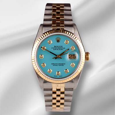 Rolex Datejust 36mm 18k YG & Steel Fluted Baby Blue Diamond Dial Watch