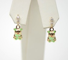 14K Solid Yellow Gold Teddy Bear Dangle Earring with Enamel