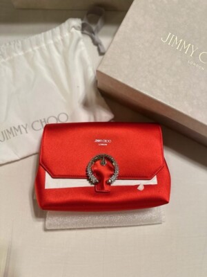 Jimmy Choo Satin Crystal Embellished Madeline Clutch Red Handbag