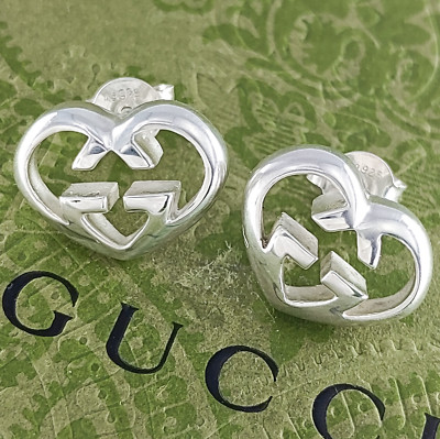 Gucci Interlocking G Heart Lovely Stud Earrings Sterling Silver 925