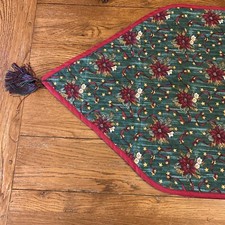 Vintage Homemade Christmas Quilted Table Runner Poinsettias Stars 96" x 21"