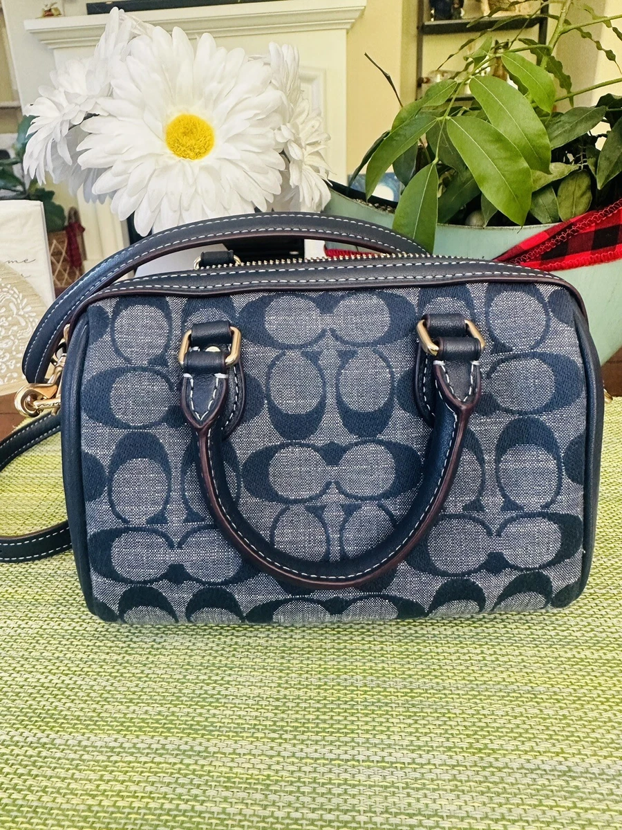 Coach Denim Blue Signature Chambray and Leather Mini Rowan