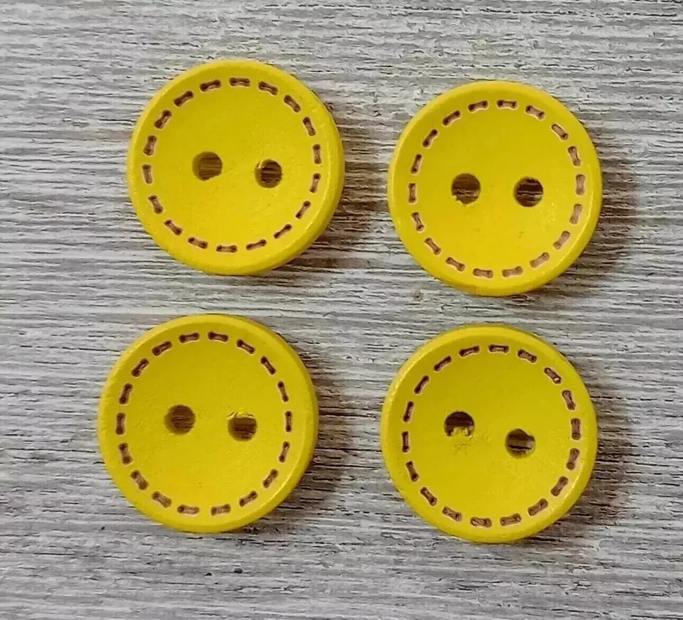 colors wood sewing buttons 2 holes yellow stitches 1/2 inch 4pc - Image 2 of 2