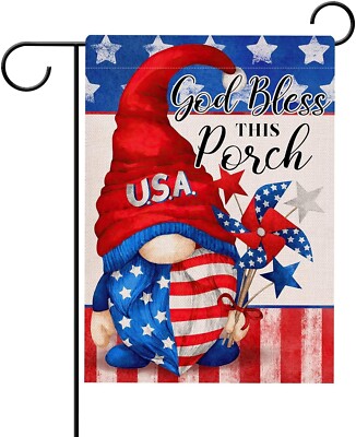 God Bless This Porch 4th of July Gnome USA Patriotic Garden Flag