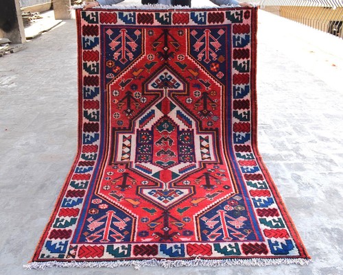 1940s Antique Caucasian Medallion Area Rug 5x7 Red Geometric Tribal Wool Carpet