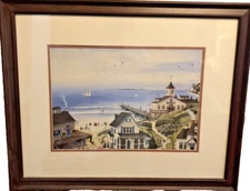 Framed Coastal Beach Scene Art Print Sailboats & Lighthouse 28x22 Under Glass