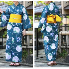 Japanese Womens' Yukata Obi Footwear 3pcs Set Blue Green Summer Kimono