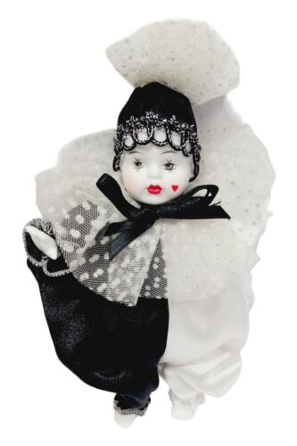 Poupée clown vintage fabricant de poupées porcelaine Jester cœur visage 8 pouces noir blanc - Photo 1/12