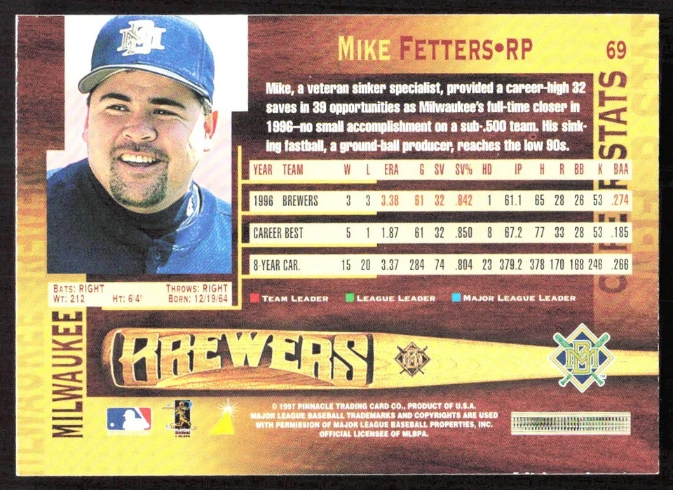 1997 307D Pinnacle MIKE FETTERS Milwaukee Brewers #69 - Image 2 of 2