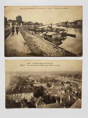 Lot of 2 1910s Postcards Small Town GRAY France Haute-Saône Boats View Houses