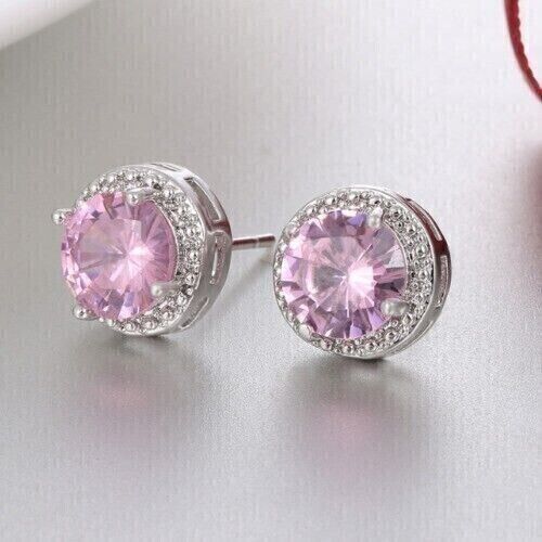 1Ct Round Simulated Pink Sapphire Push Back Stud Earring 14K White Gold Plated - Picture 1 of 10