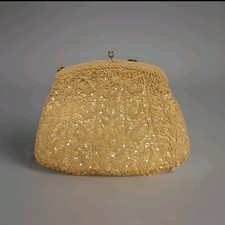1950s 7" Cream AB Sequin and Hand Beaded Vtg Purse Clutch w Kiss Clasp Hong Kong