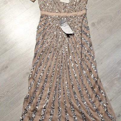 Maya Deluxe Taupe Pailletten Maxikleid lang ärmellos V-Ausschnitt Gr. 10 gr 38  