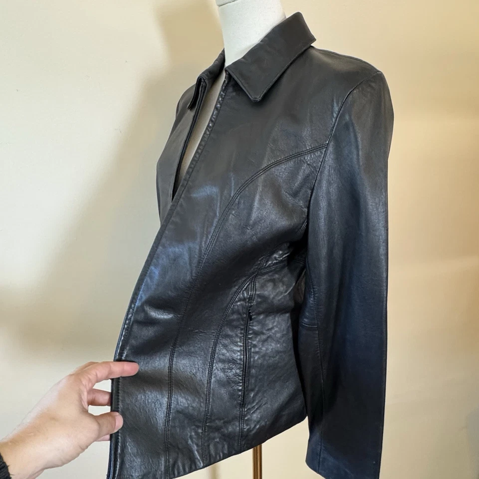 复古 Nine West 软皮夹克女式中号拉链前口袋黑色 — 第 4/4 张图片