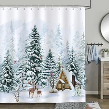 Christmas Winter Shower Curtain, Pine Tree Deer Cardinal Snowy Forest Bathroo...