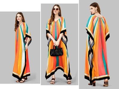 Digitally Printed Feather Silk Kaftan Dress - 36 Free Shipping