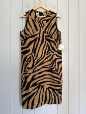 NWT Anne Klein Zebra Linen Blend Sheath Dress 12 Tan Black Sleeveless NEW