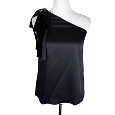 W by Worth 2 Black Velvet Bow Rhinestone One Shoulder Satin Flirty Night Out Top