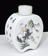 Antique Chinese Famille Rose Porcelain Tea Caddy Jar w Landscape & Calligraphy