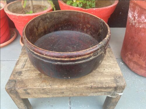 1850's Old Antique Wood Carved Lacquer Painted Jain Saint Food Serving Bowl Pot - Picture 1 of 8