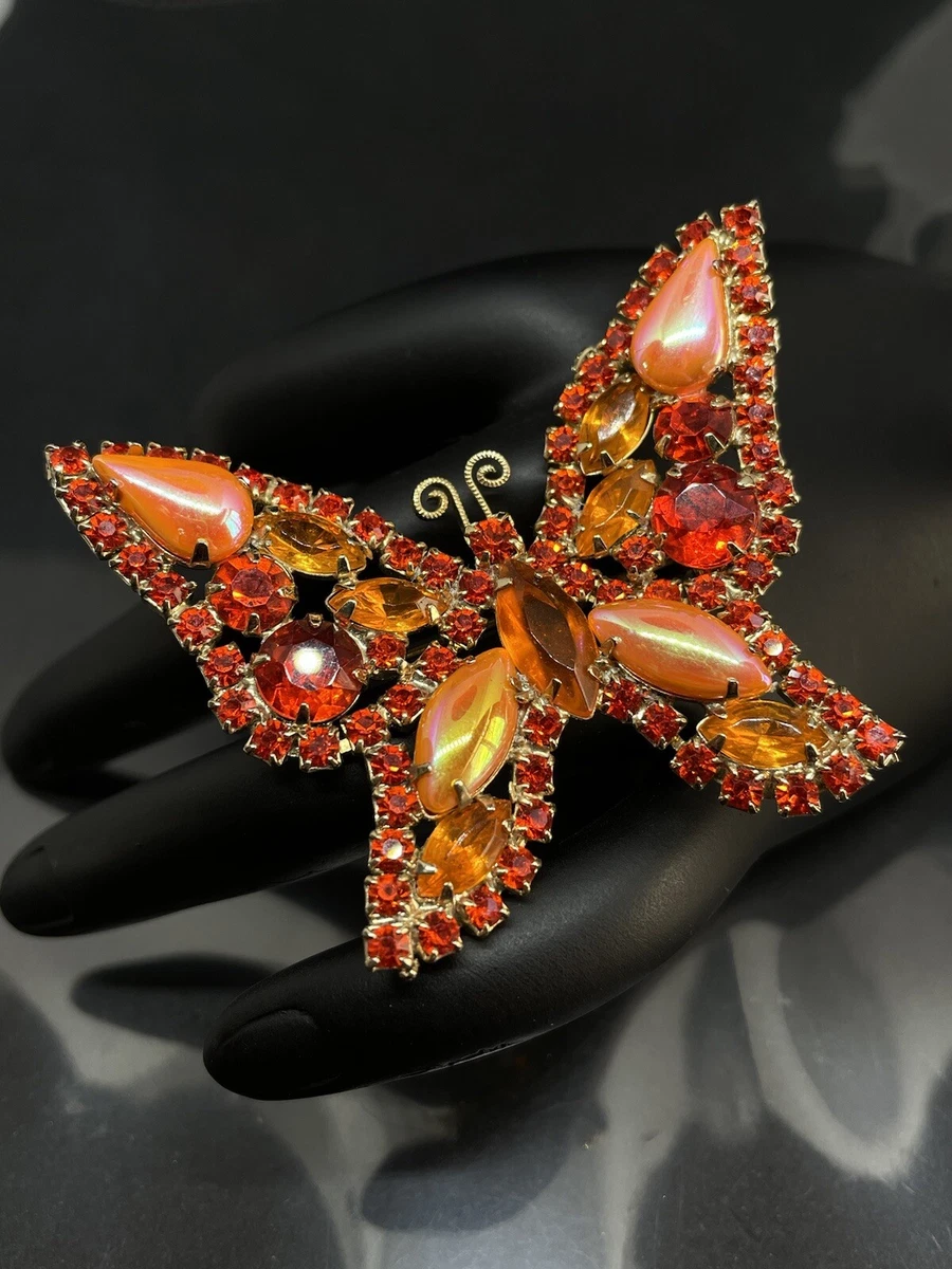 Vintage Juliana Butterfly Large Orange Rhinestones Gold Tone Brooch Pin✨