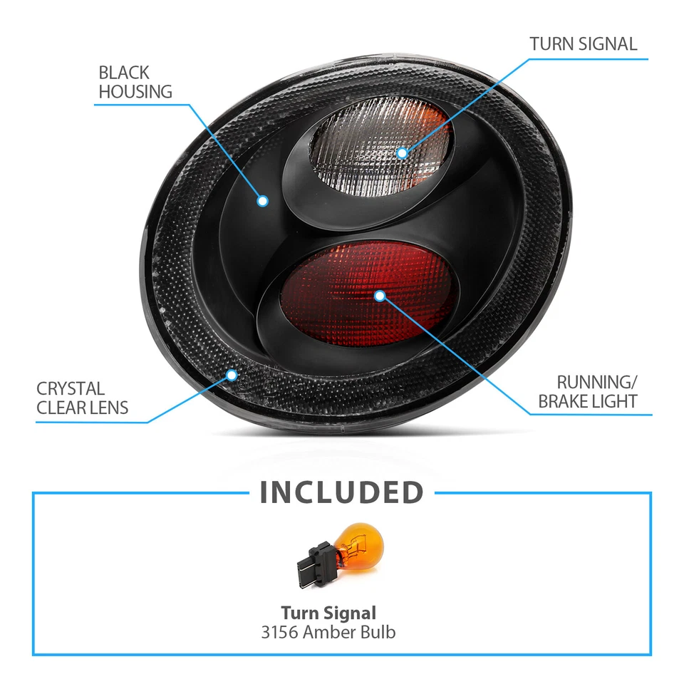 1998-2005 Fit Volkswagen VW Beetle Black Euro Rear Brake Tail Lights Pair Lamps - Image 4 of 4