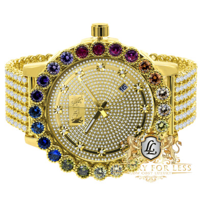 Prong Set Rainbow Multi Gold Tone Real Diamond Dial Men's Custom Watch Big 55mm 
