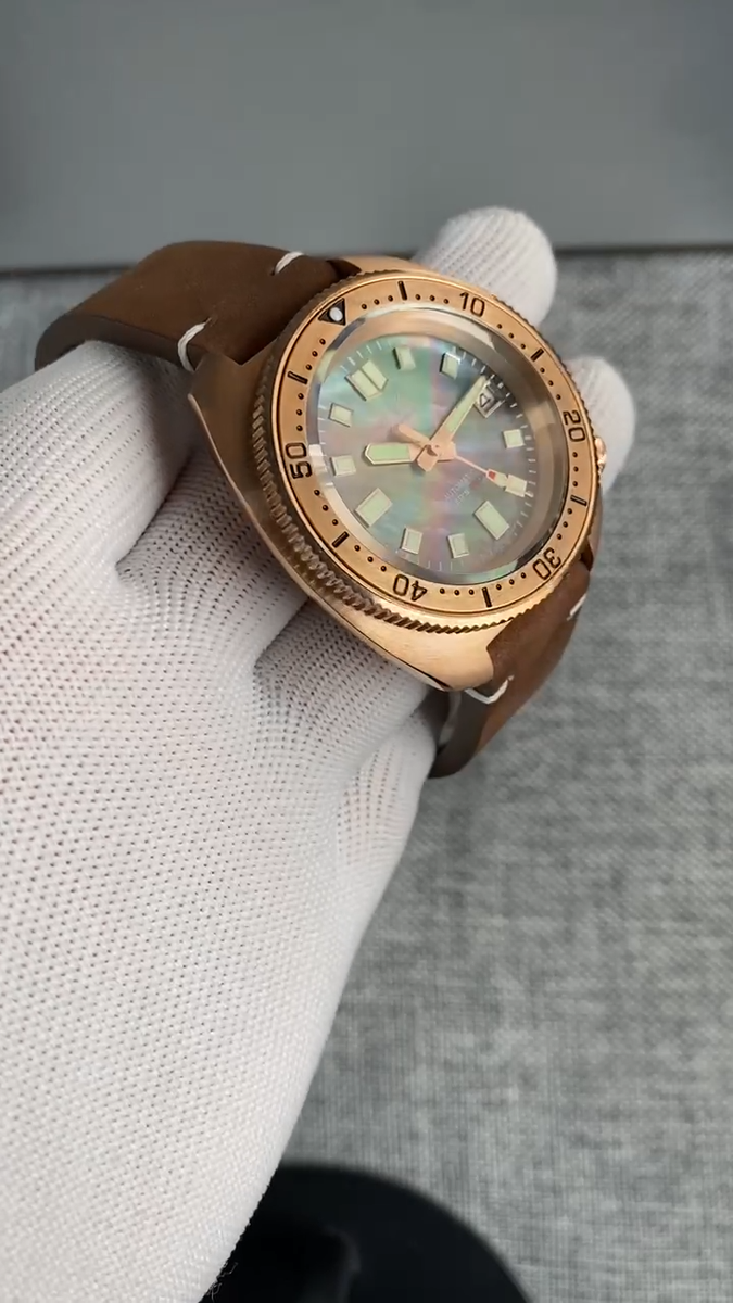 44mm Solid CuSn8 Bronze Turle 6105 Green Lume Mother of Pearl Dial