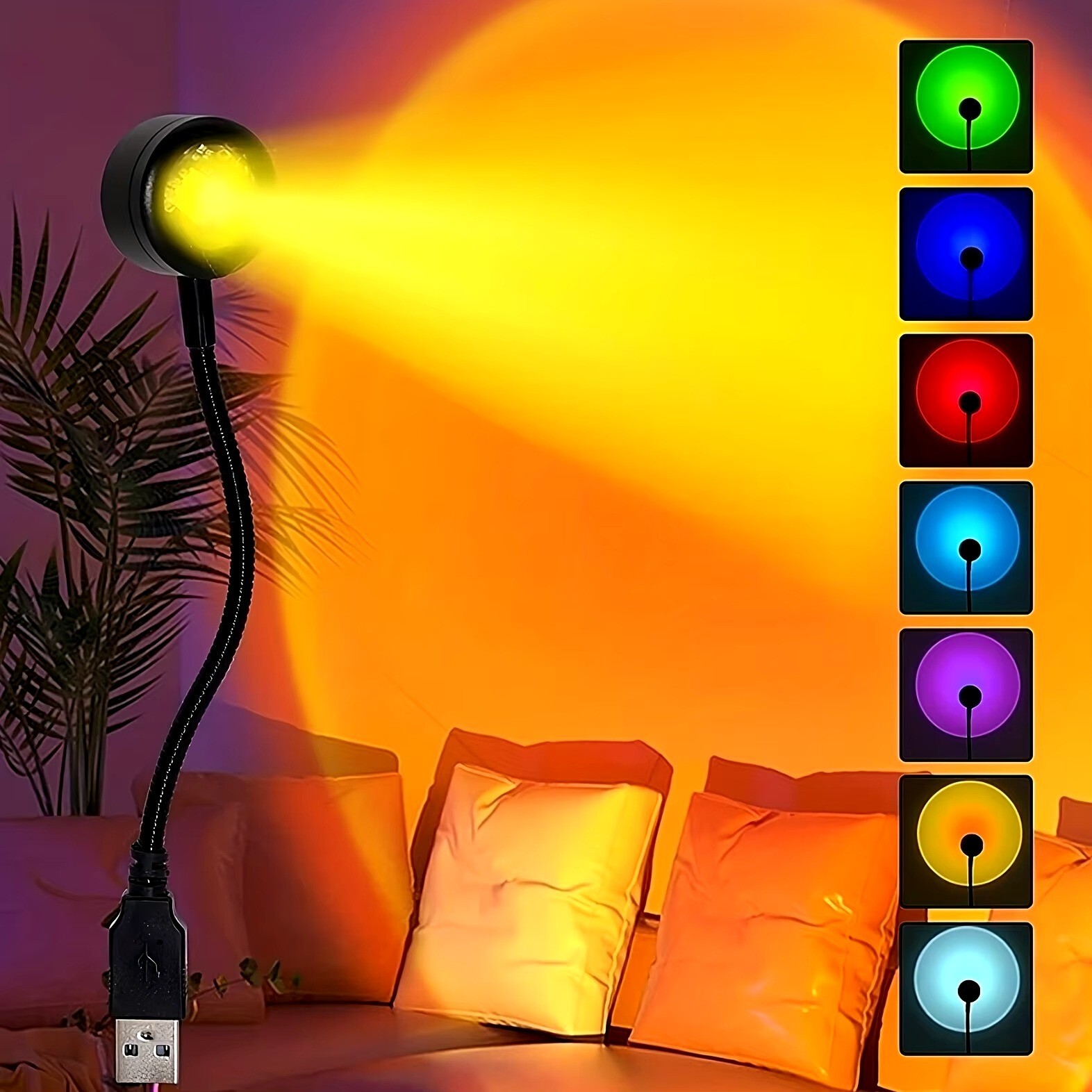 USB Sunset Light Projector Rainbow Neon NightLights 7 Colors LED Projector with