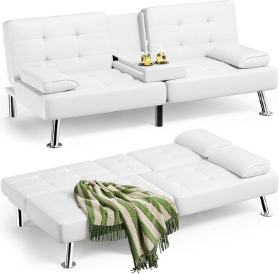 Leather Futon Couch w/Removable Armrests, Adjustable Recliner Sleeper Sofa Bed