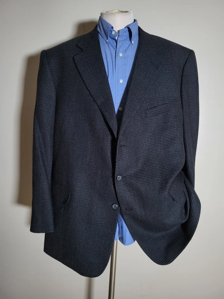Casaco esportivo vintage Adolfo 52L preto azul branco xadrez lã tweed blazer - Imagem 3 de 4