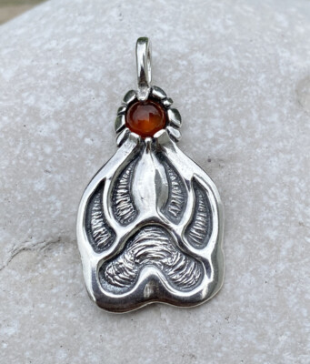 Wolf Track Pendant Solid .925 Sterling Silver w/ genuine Amber gemstone USA