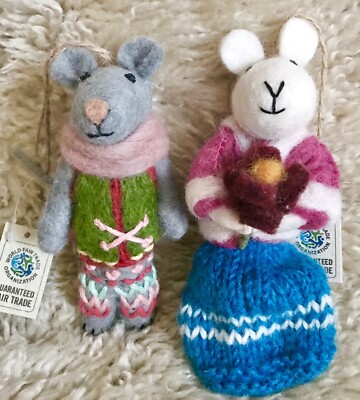 BRAND NWT WORLD MARKET WOOL FELTED 2 PC SET OF MOUSE COUPLE CHRISTMAS ORNAMENTS
