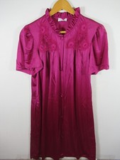 Vintage Lorraine Button Up Satin Nightgown Women Medium Dark Pink Nylon Ruffle